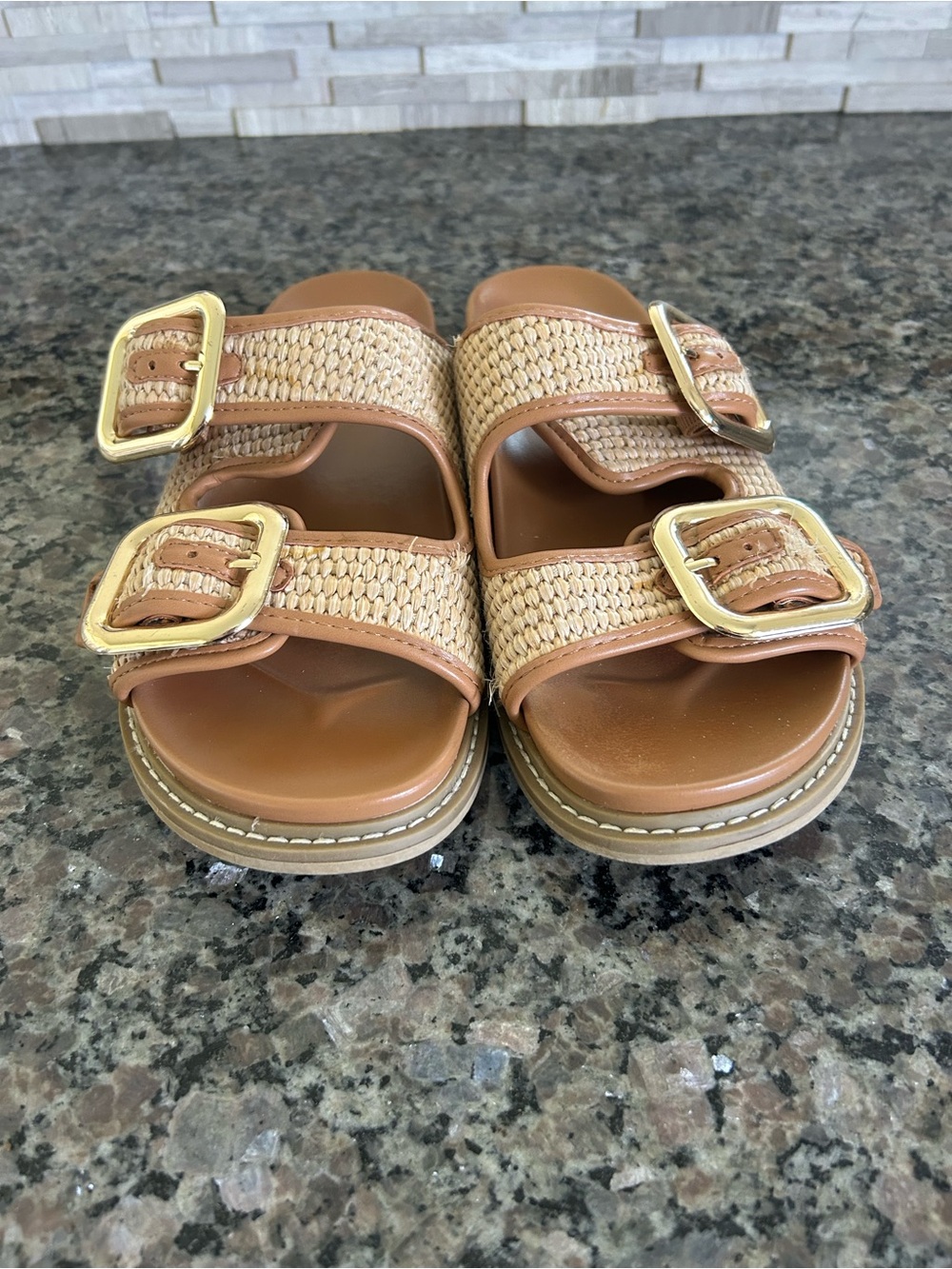 Universal Thread Tan Woven Double-Buckle Slide Sandals with Gold Buckles
